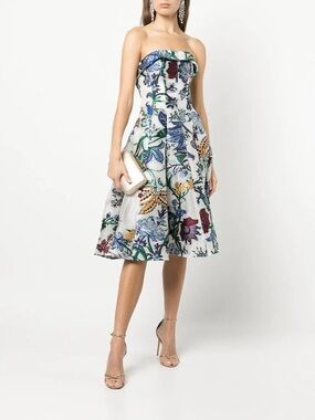 Marchesa Strapless Floral Midi Dress in White with Blue, Green & Gold Accents